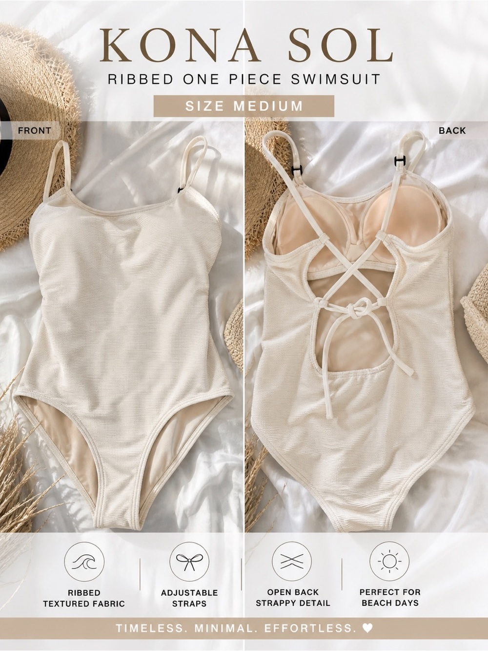 Kona Sol Ribbed One Piece Swimsuit Open Back Strappy Neutral Beige Size M